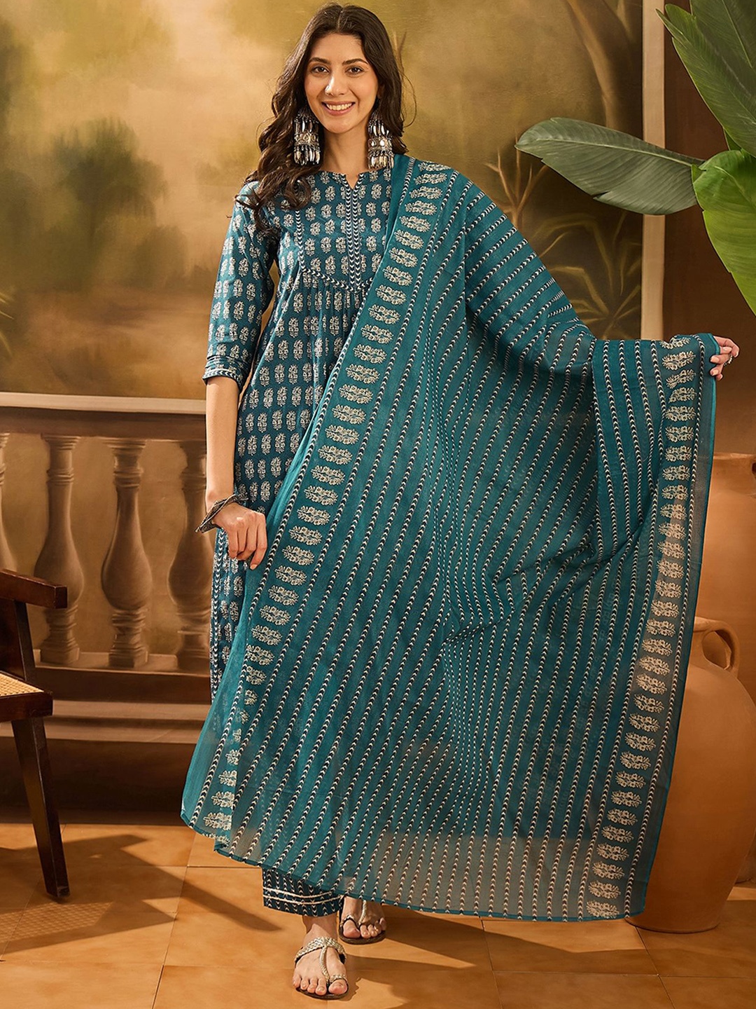 

RangDeep Floral Printed Notch Neck Pleated Pure Cotton A-Line Kurta With Trouser & Dupatta, Teal