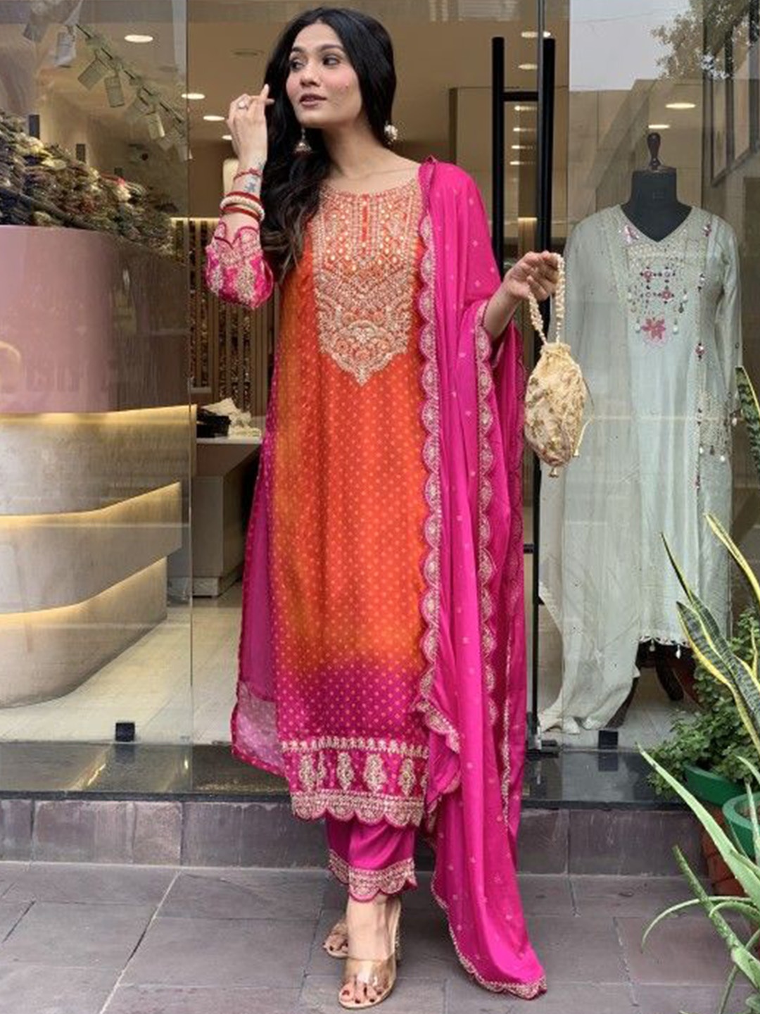 

KALINI Floral Yoke Design Sequinned Kurta With Trousers & Dupatta, Orange