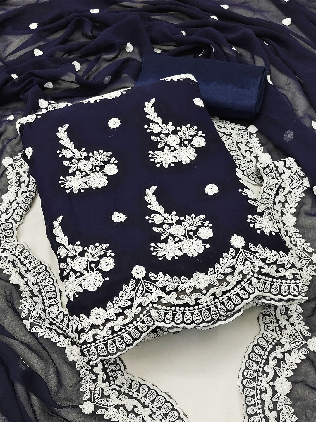 

HERE&NOW Embroidered Silk Georgette Unstitched Dress Material, Blue