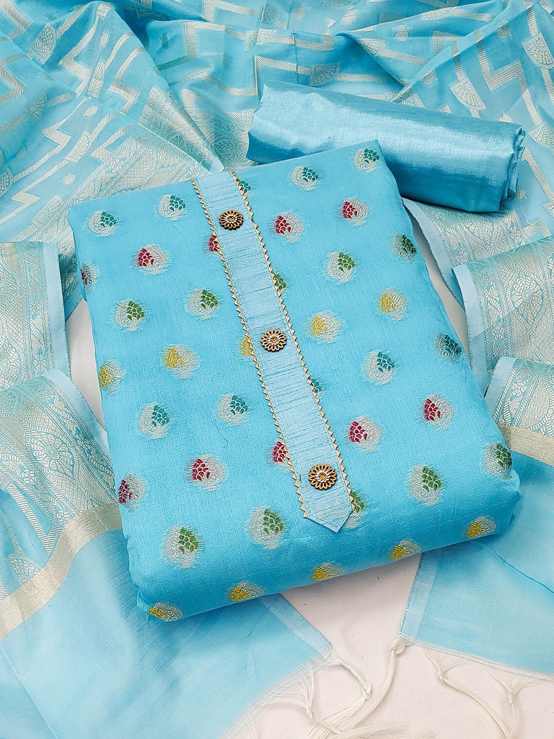 

HERE&NOW Embellished Unstitched Dress Material, Turquoise blue