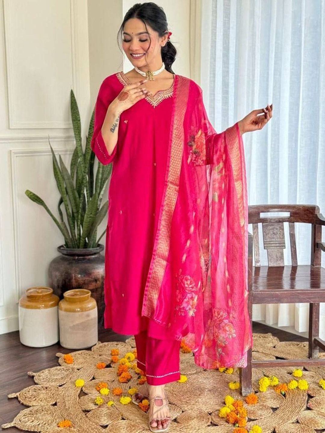 

KALINI Floral Yoke Design Notch Neck Thread Work Kurta With Trousers & Dupatta, Pink
