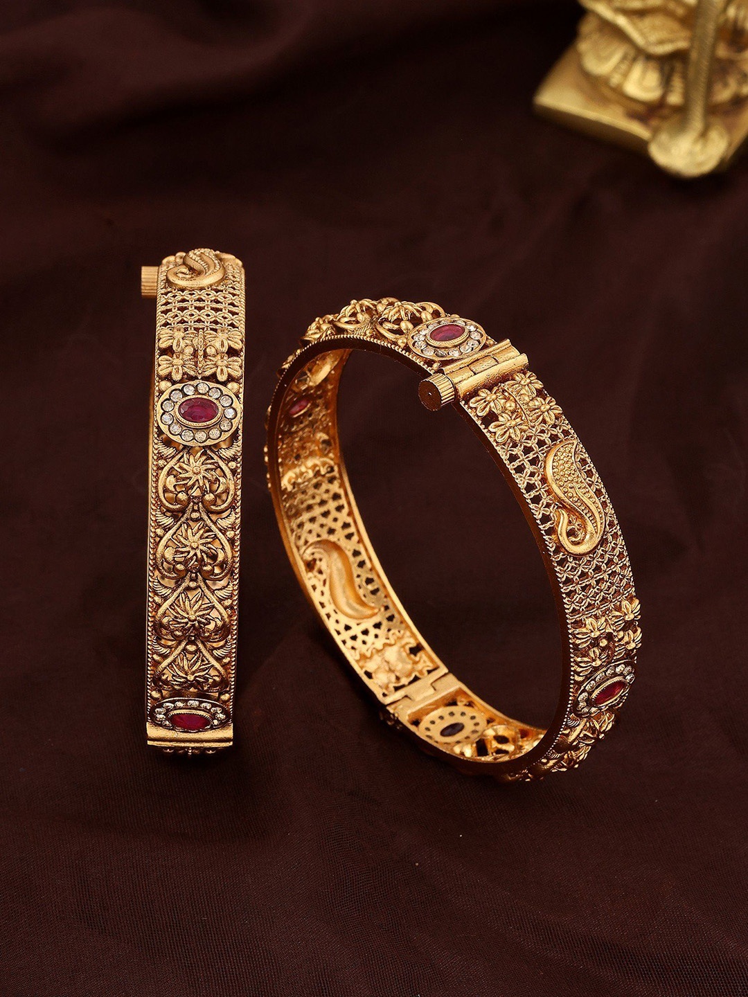 

Exotic India Set Of 2 Gold-Plated Artificial Stone Studded Openable Bangles
