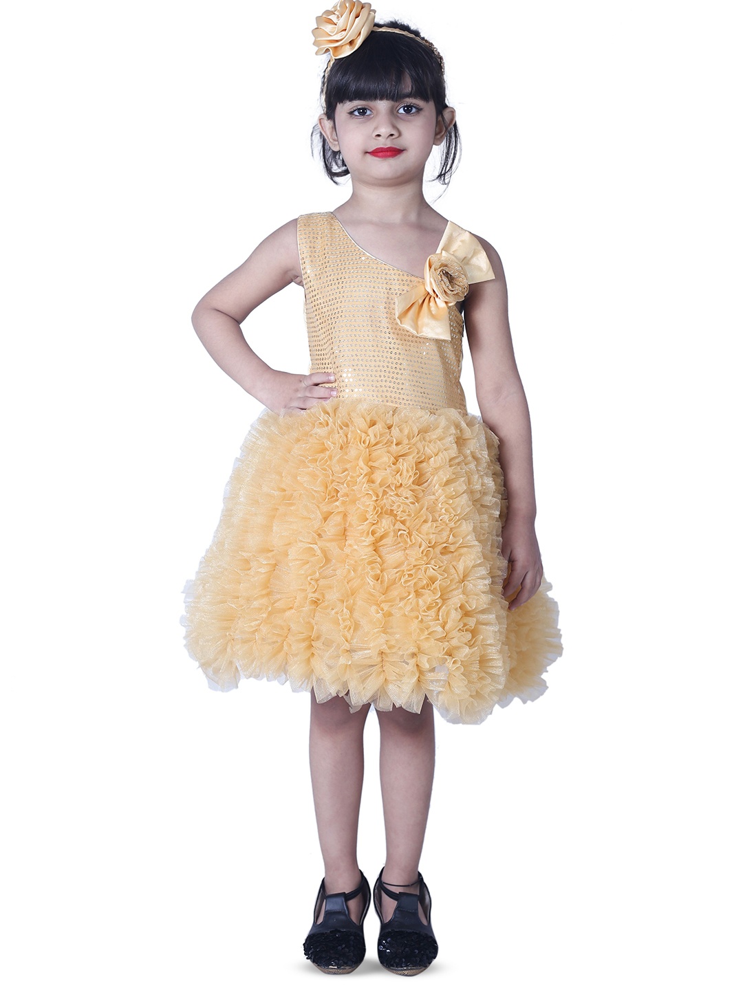 

Wow Princess Girl Sequined Corsage Ruffles One Shoulder Fit & Flare Dress, Orange