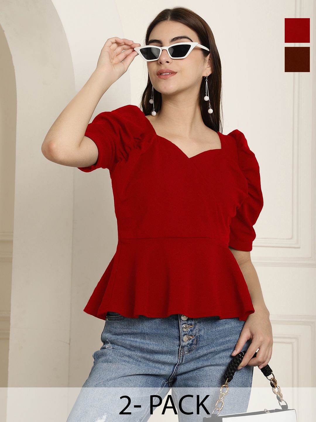 

Tromko Women Pack Of 2 Sweetheart Neck Puff Sleeve Top, Red