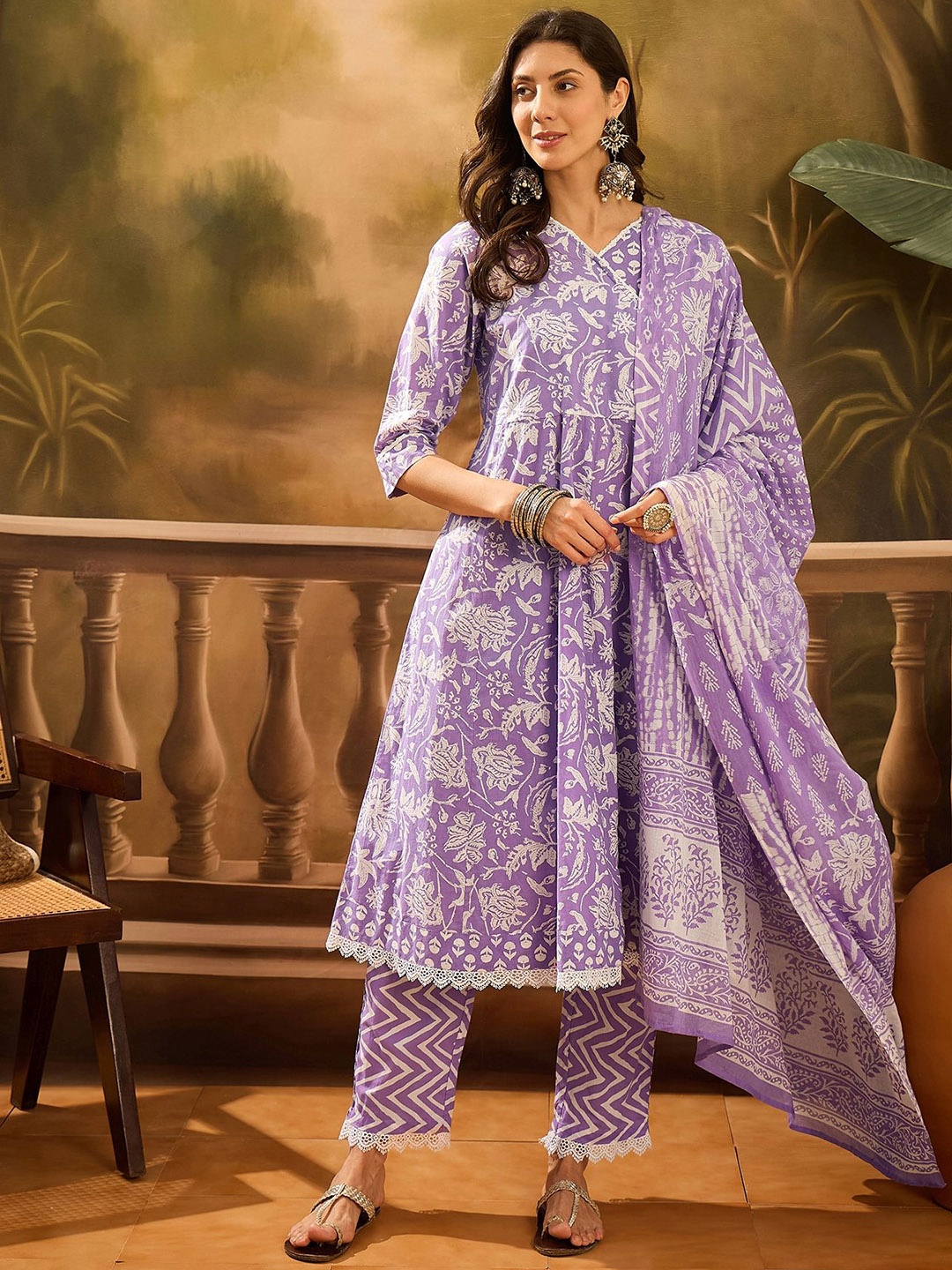 

Sangria Printed Pure Cotton Kurta Trouser With Dupatta, Purple