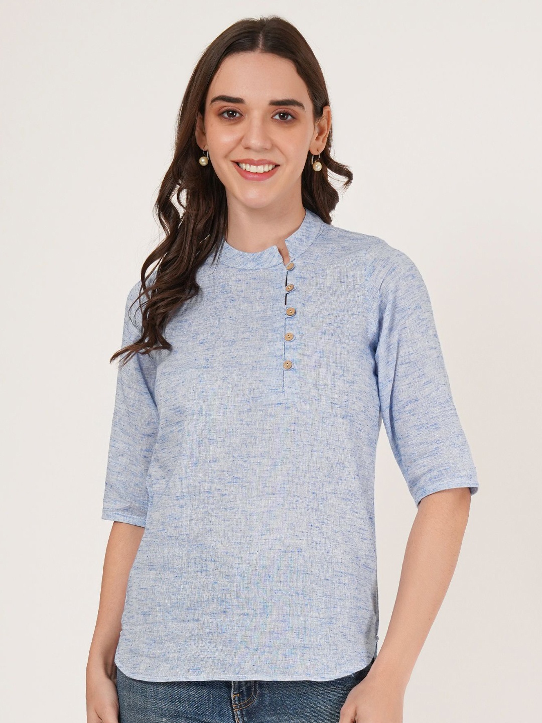 

Brownverse Mandarin Collar Cotton Top, Blue
