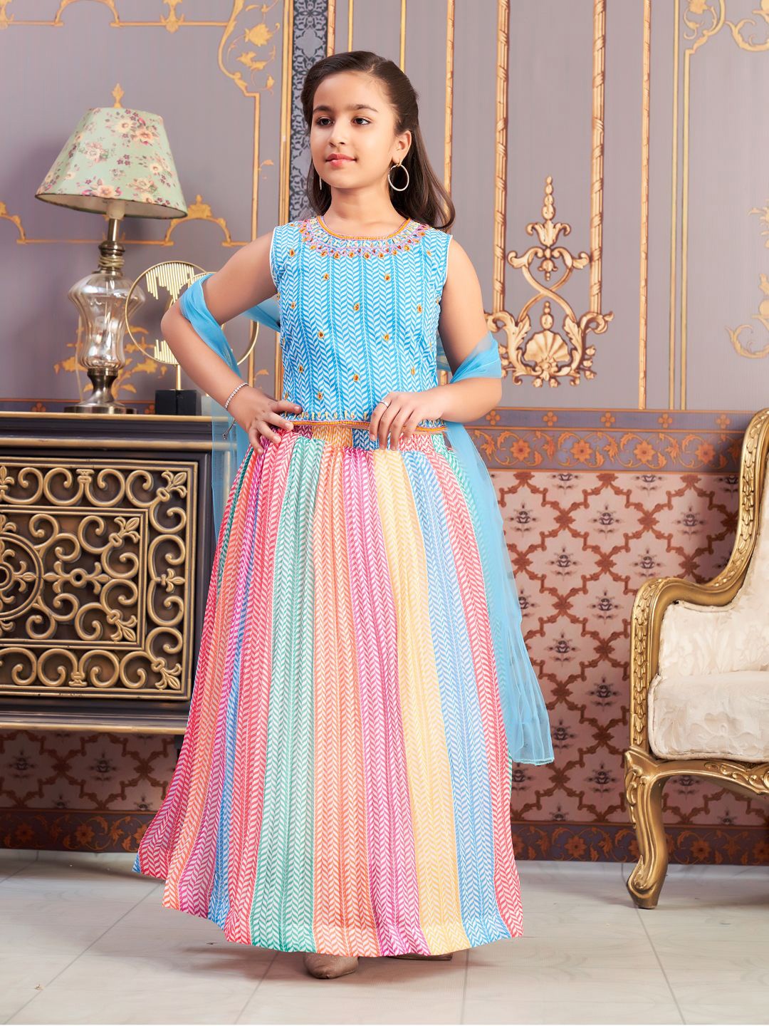 

BAESD Girls Embroidered Thread Work Lehenga & Blouse With Dupatta, Turquoise blue