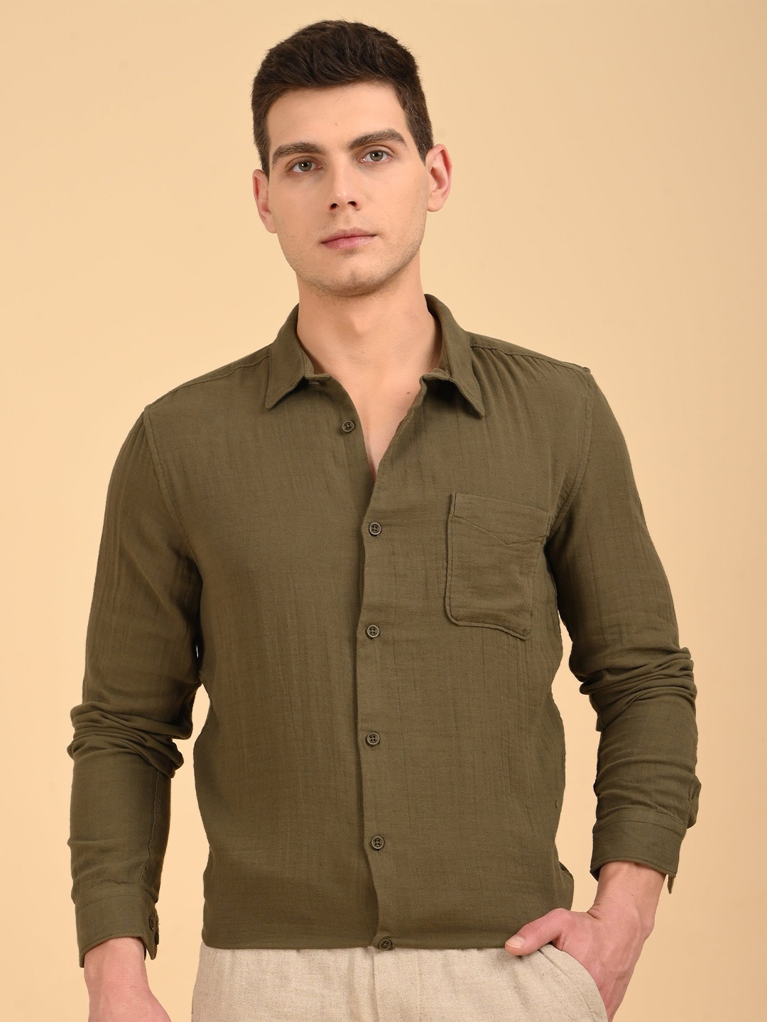 

POE Men Comfort Slim Fit Opaque Casual Shirt, Green