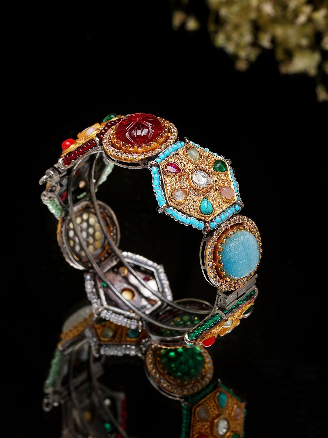 

Exotic India Silver-Plated Designer Multi Stone Studded Openable Bangle