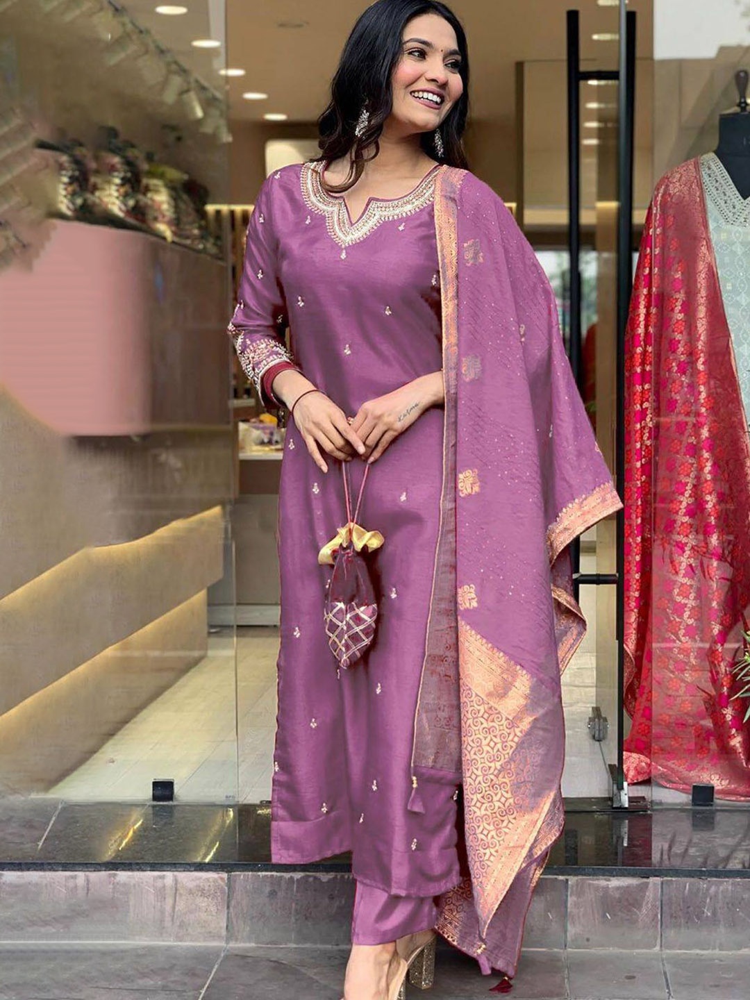 

KALINI Floral Embroidered Notch Neck Chanderi Silk Kurta With Trousers & Dupatta, Purple