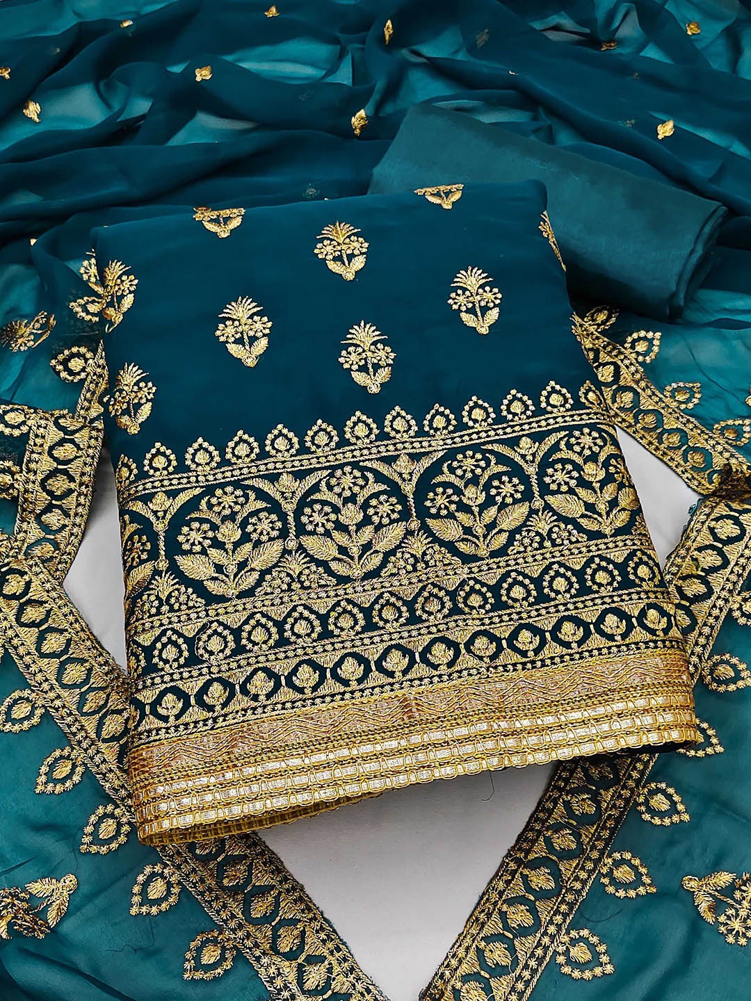 

HERE&NOW Embroidered Silk Georgette Unstitched Dress Material, Turquoise blue