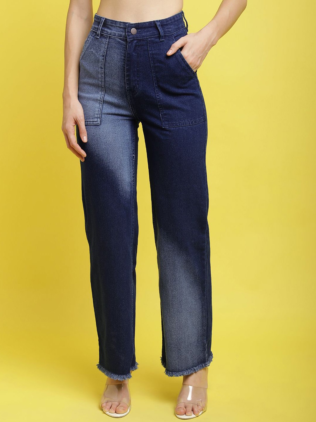 

JAKANARY Women Faded Relaxed High-Rise Easy Wash Trousers, Navy blue