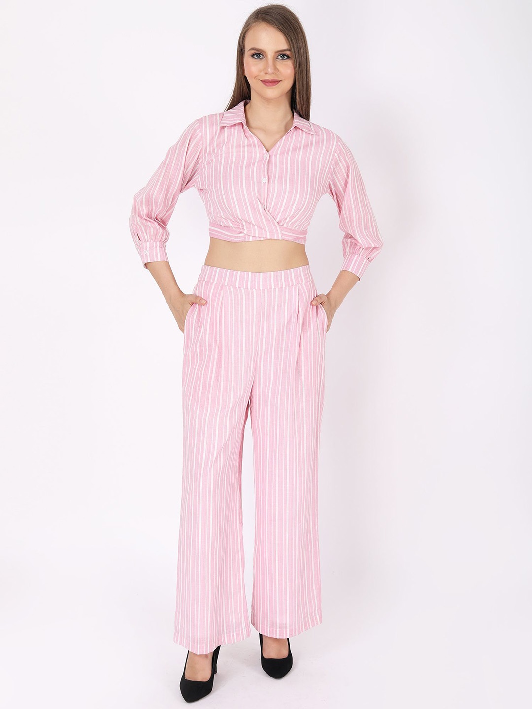 

JAKANARY Striped Collared Shirt & Flared Trouser Co-Ord Set, Pink