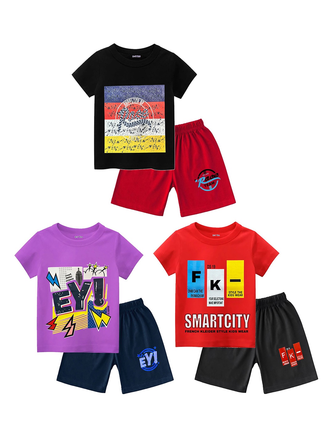 

FRENCH KLEIDER Infants Pack Of 3 Printed Round Neck Pure Cotton T-shirt With Shorts, Black