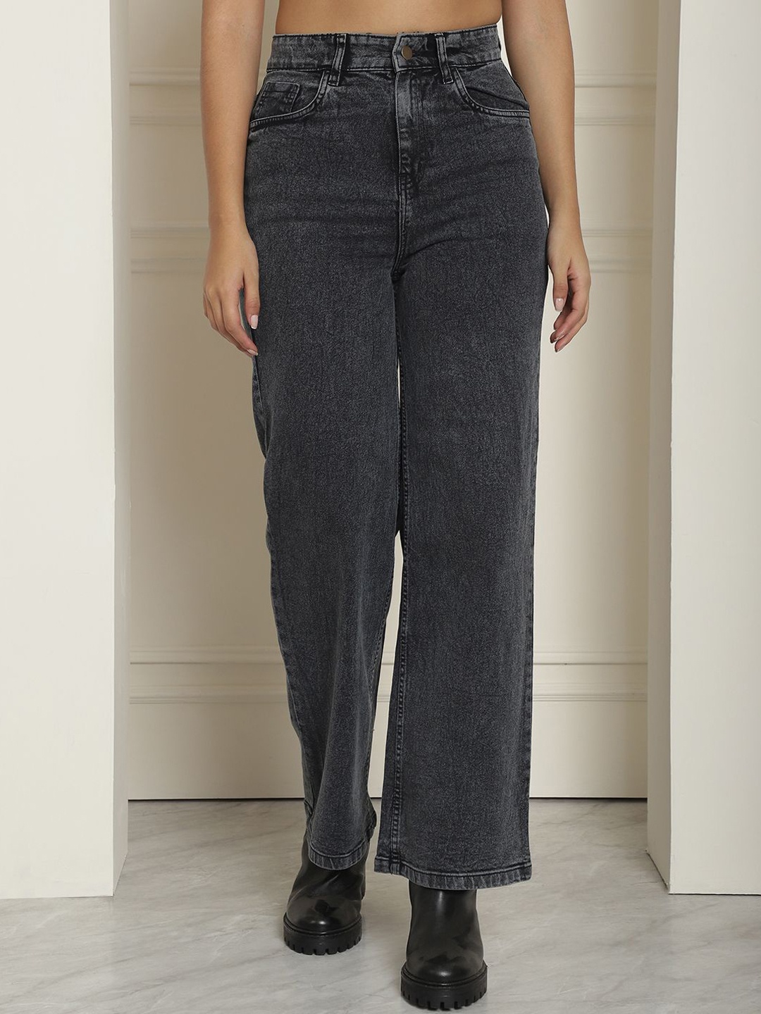 

JAKANARY Women Faded Relaxed High-Rise Easy Wash Trousers, Grey