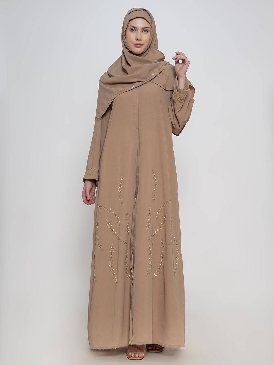 

SANASH Collections Women Embroidered Abaya With Scarf, Beige