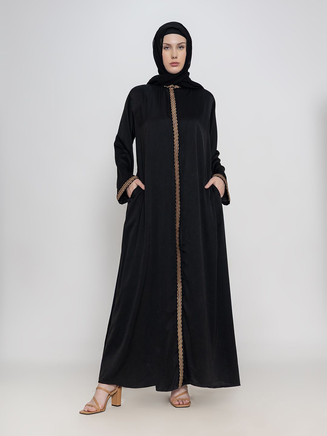 

SANASH Collections Women Embroidered Round Neck Abaya With Scarf, Black