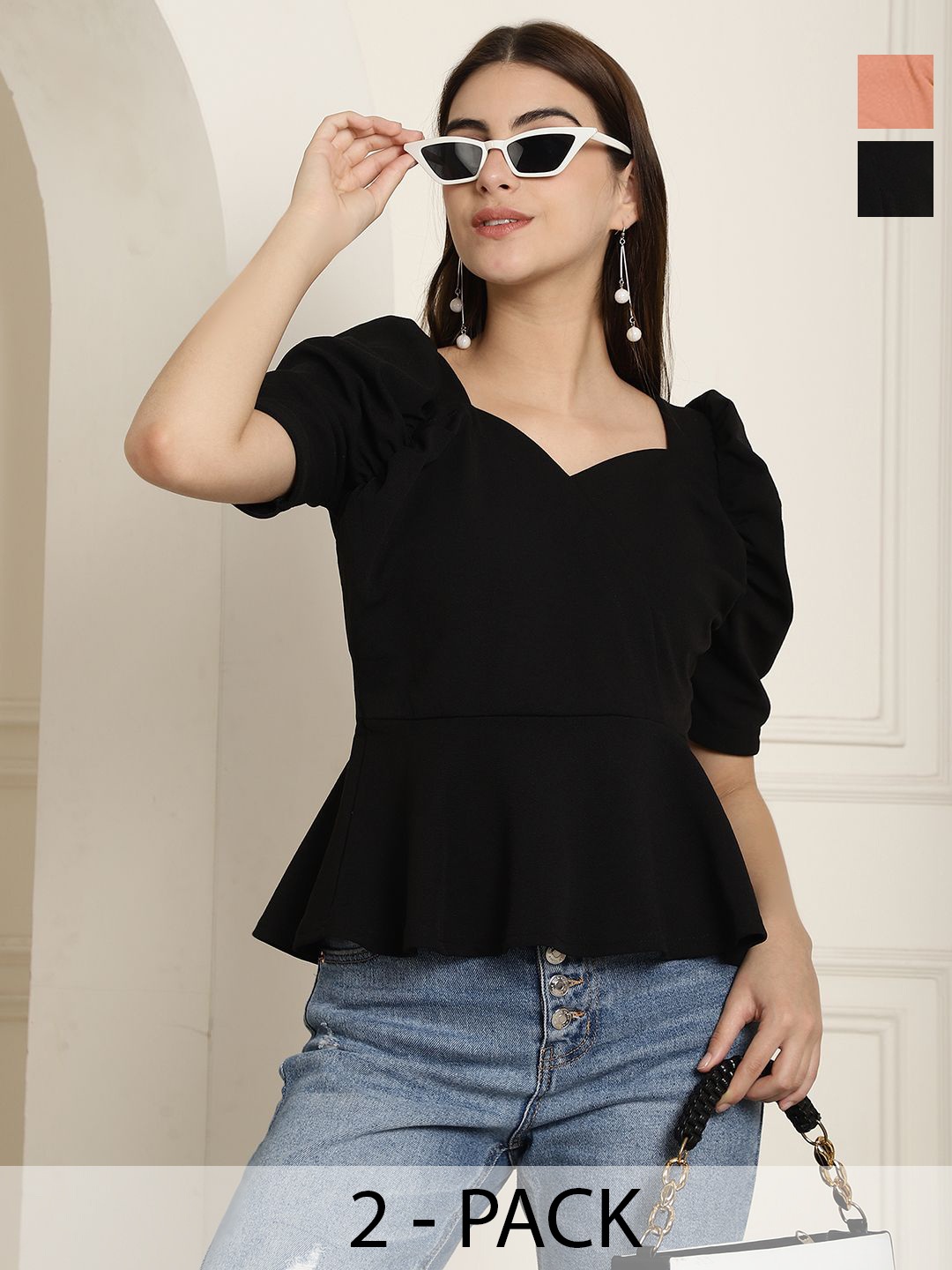 

Tromko Women Pack Of 2 Sweetheart Neck Puff Sleeve Empire Top, Black