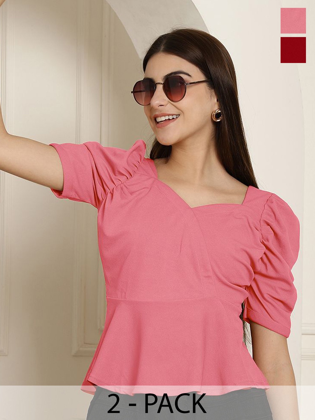 

Tromko Women Pack Of 2 Sweetheart Neck Puff Sleeves Regular Top, Pink