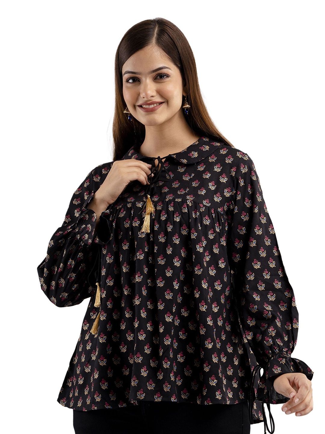 

DMP FASHION Women Floral Printed Tie-Up Neck Cotton Top, Black