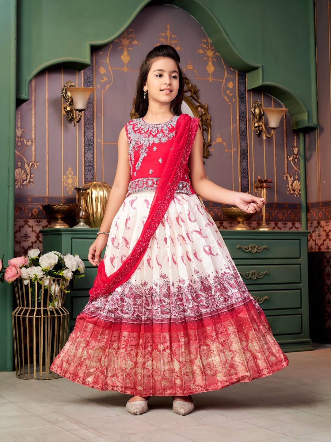 

BAESD Girls Embroidered Ready to Wear Lehenga & Blouse With Dupatta, Pink
