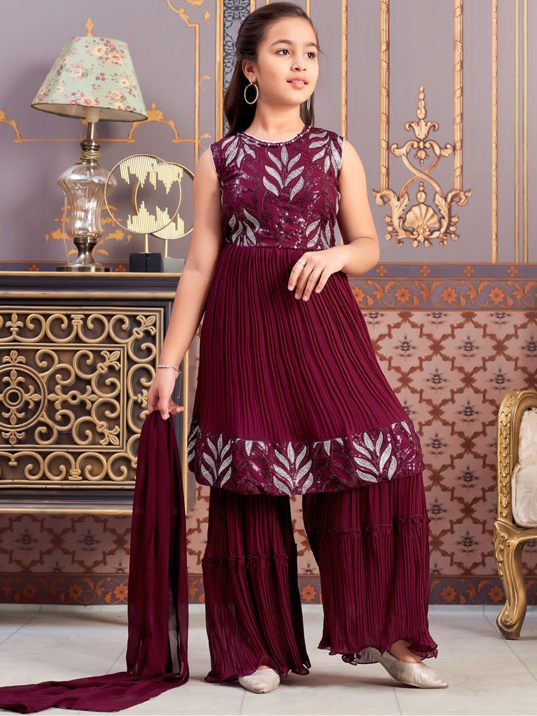 

BAESD Girls Floral Yoke Design Sequinned Anarkali Kurta With Sharara & Dupatta, Purple