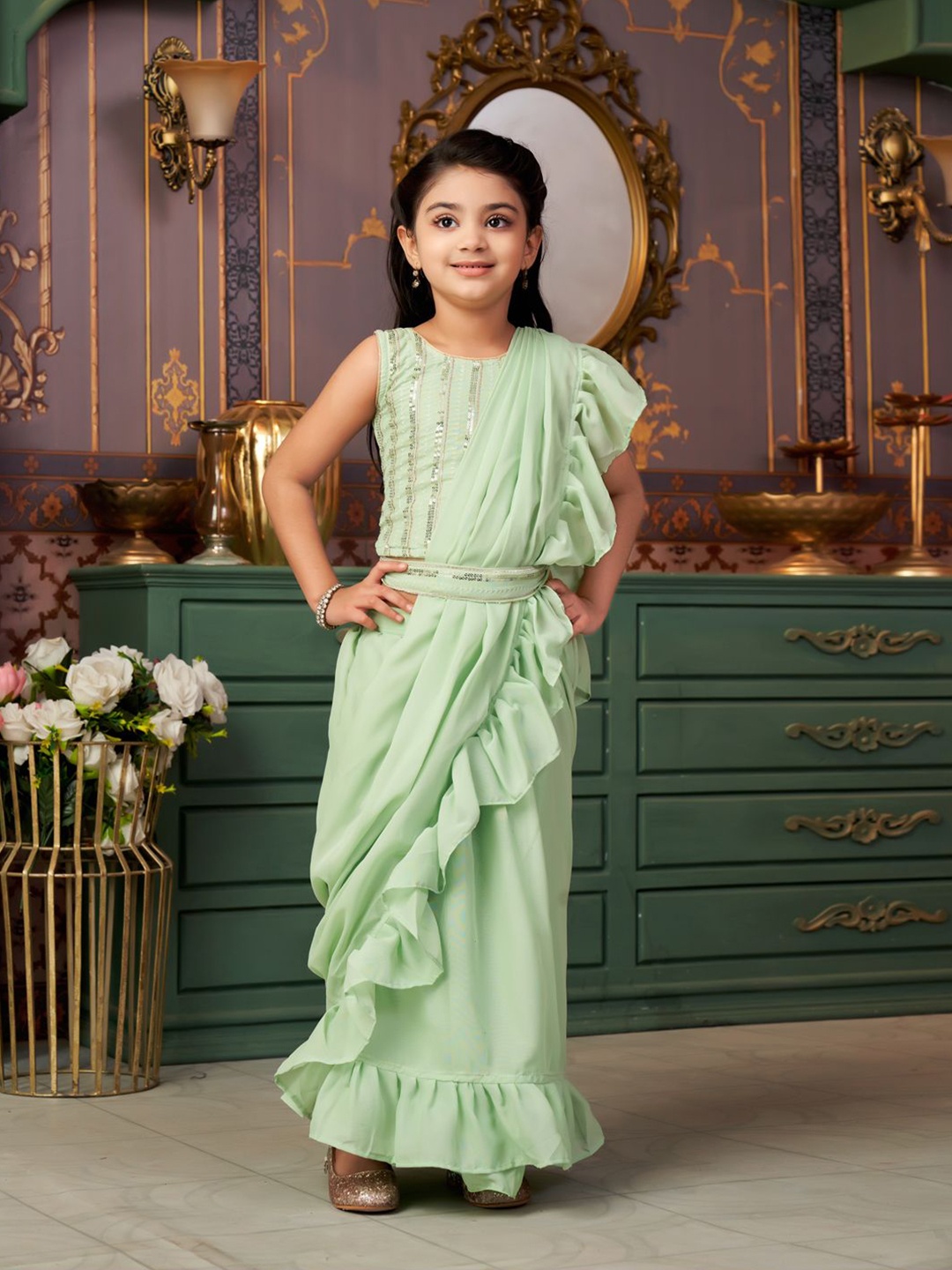 

BAESD Girls Embroidered Lehenga & Blouse With Dupatta, Green
