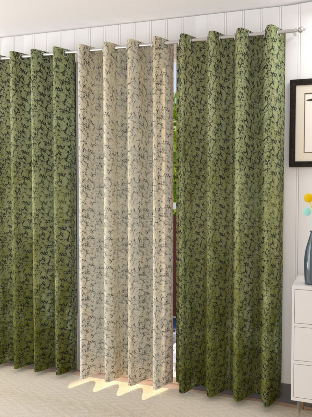 

Galaxy Home Decor Green and Cream 3 Pieces Abstract Printed Velvet Long Door Curtains