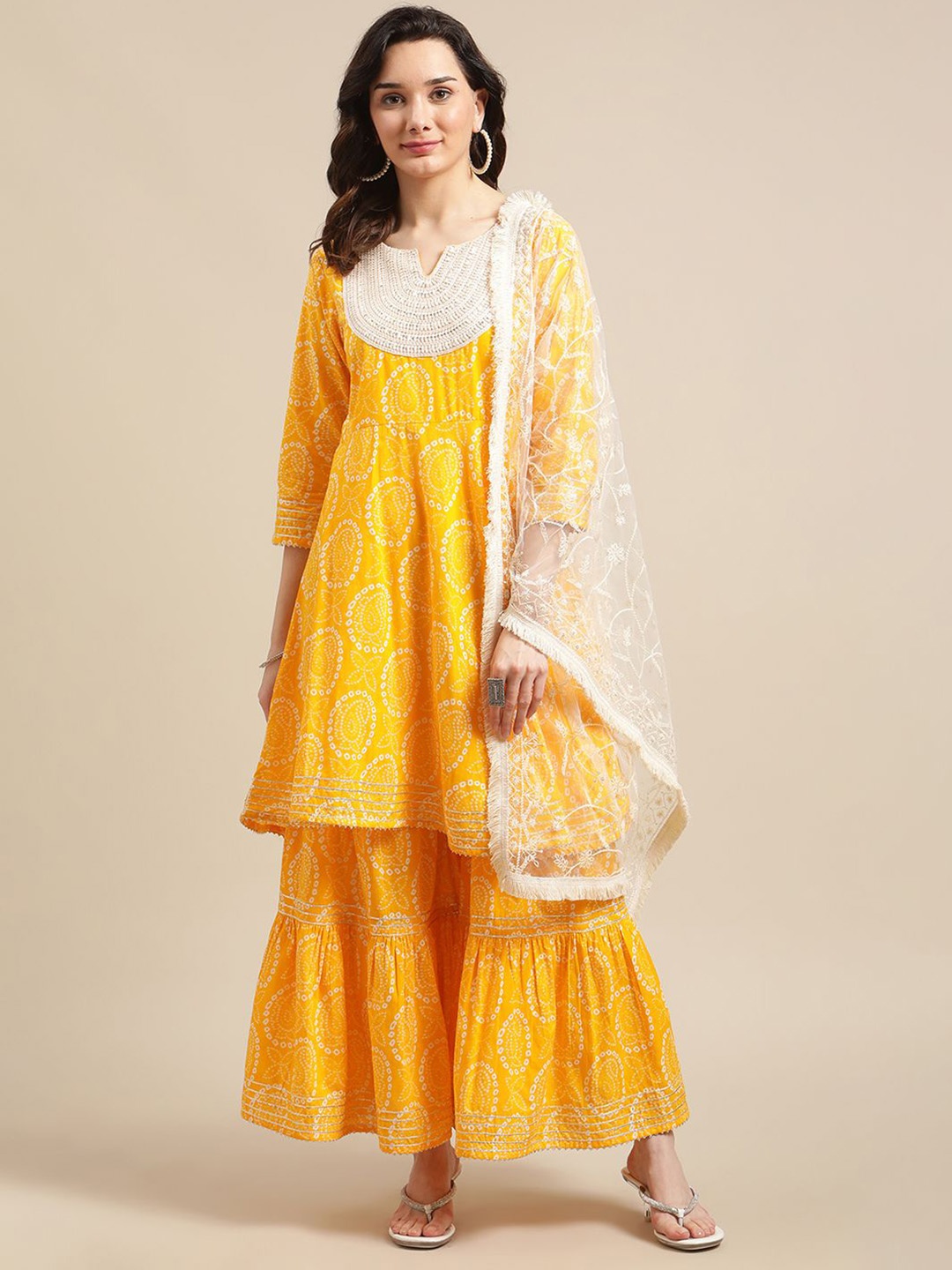 

DIVASTRI Bandhani Printed Patchwork Pure Cotton A-Line Kurta With Sharara And Dupatta, Mustard