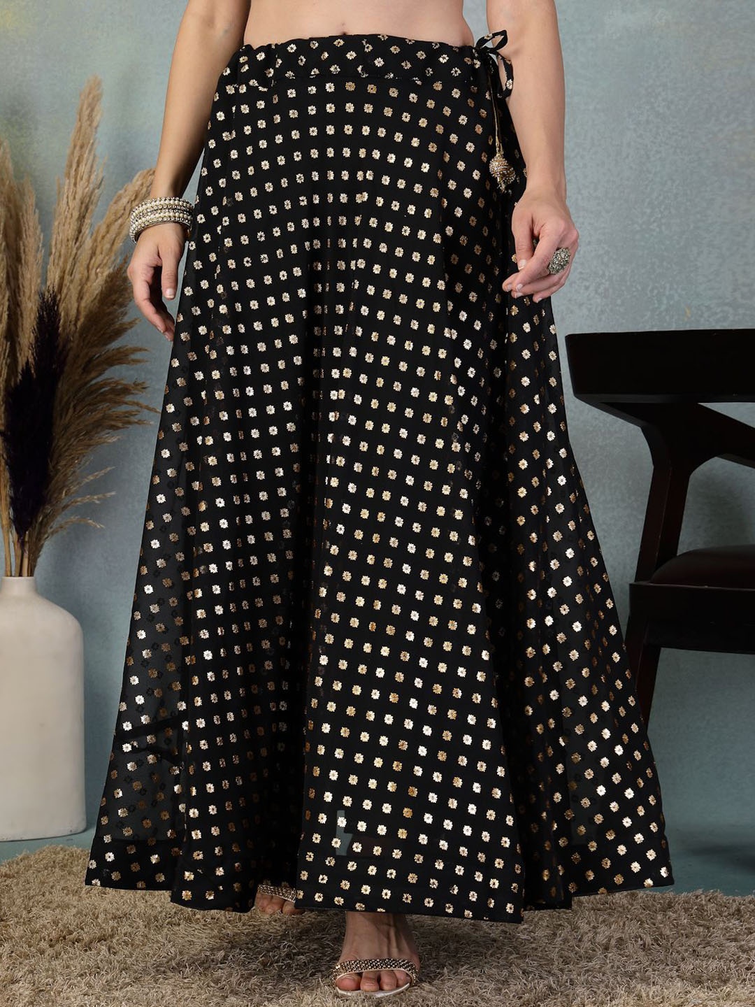 

Clora Creation Printed Georgette Flared Skirt wWth Dupatta, Black