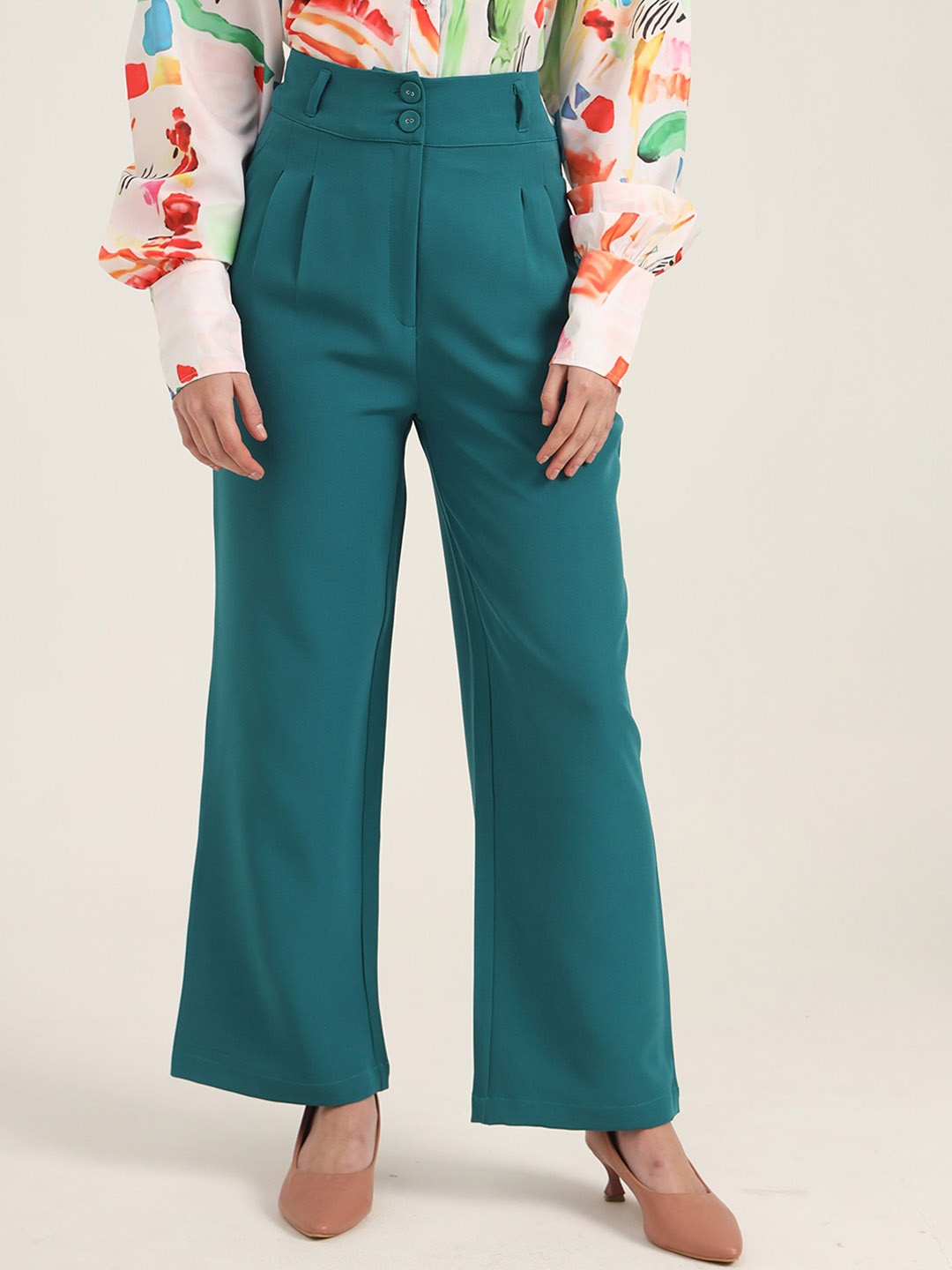 

AMSWAN Women Relaxed Straight Fit High-Rise Pleated Trousers, Teal