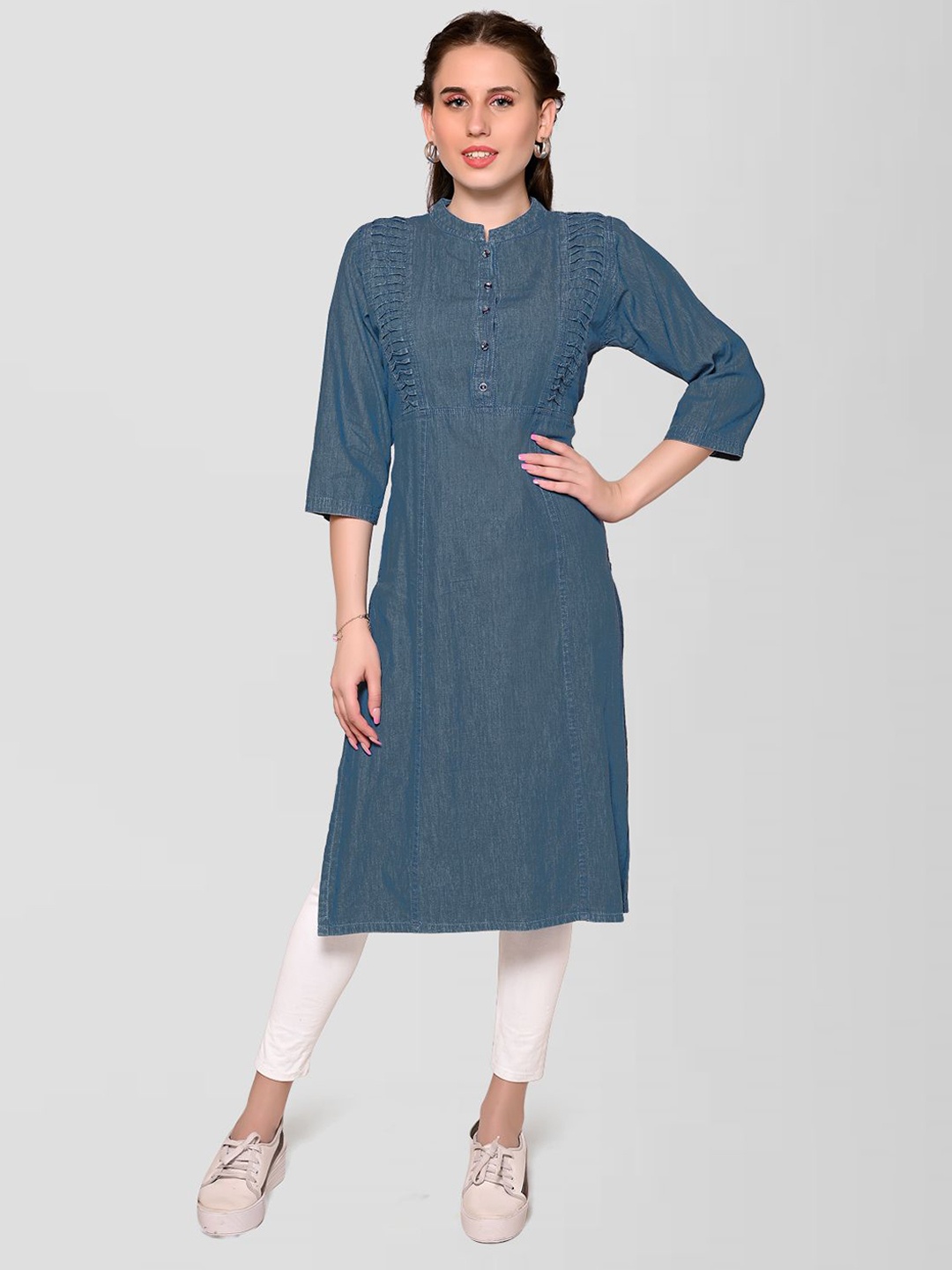 

CEFALU Women Thread Work Denim Kurta, Blue
