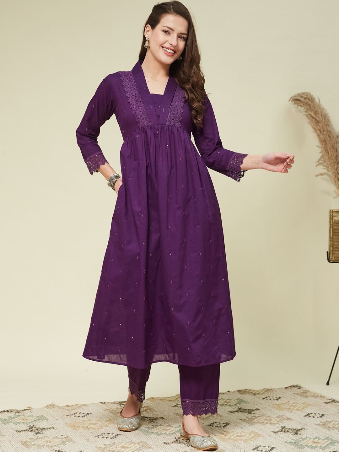 

MOKOSH Floral Embroidered V-Neck Sequinned Cotton A-Line Kurta with Trousers, Purple