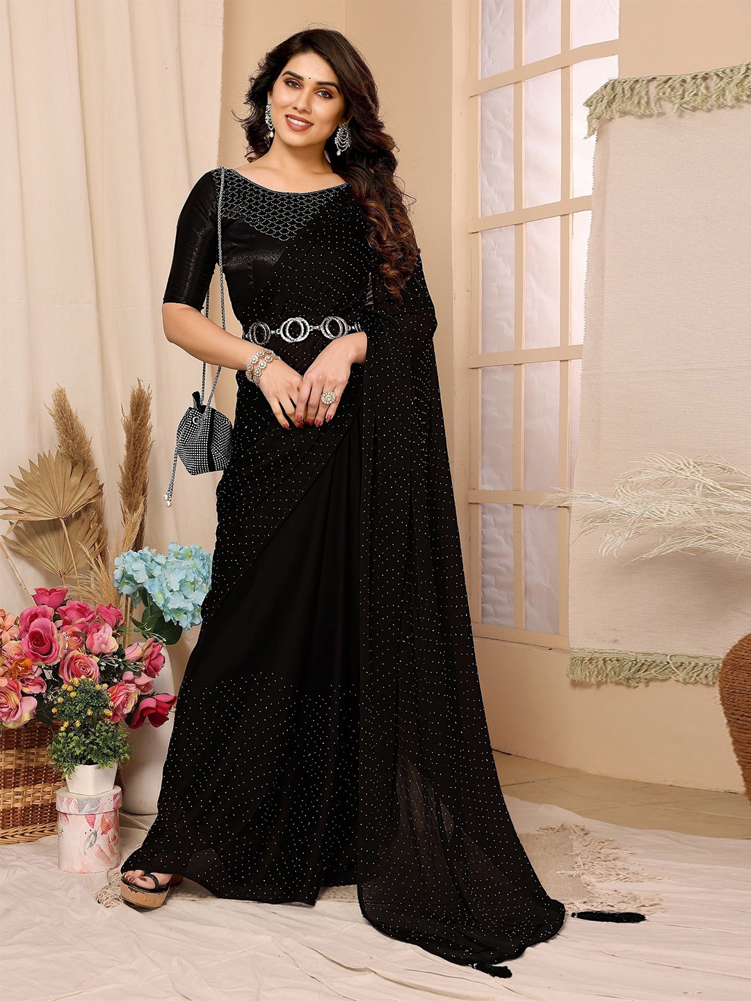 

ROOP SUNDARI SAREES Embellished Beads and Stones Pure Chiffon Saree, Black