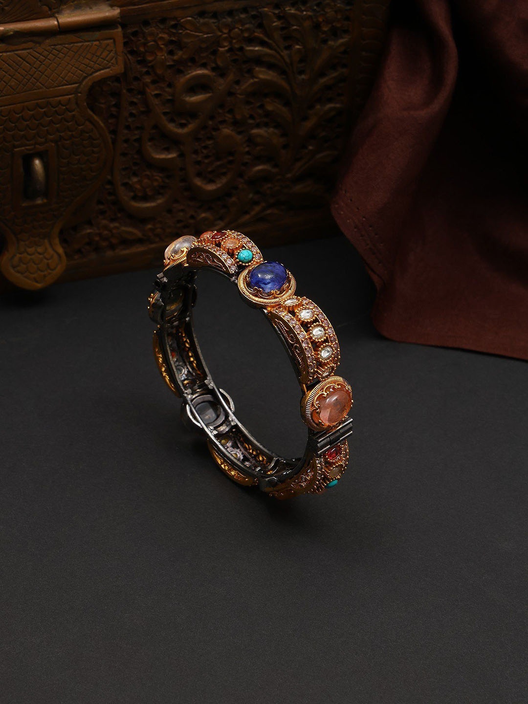 

Exotic India Gold-Plated Designer Multi Stone Studded Openable Copper Alloy Bangle