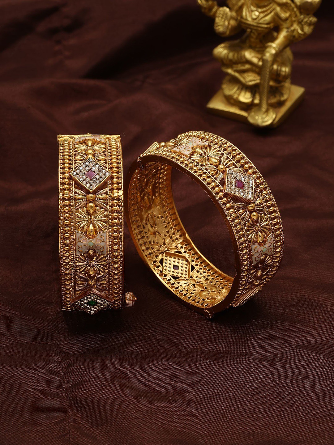 

Exotic India Set Of 2 Gold-Plated Designer Stone Studded Openable Bangles In Copper