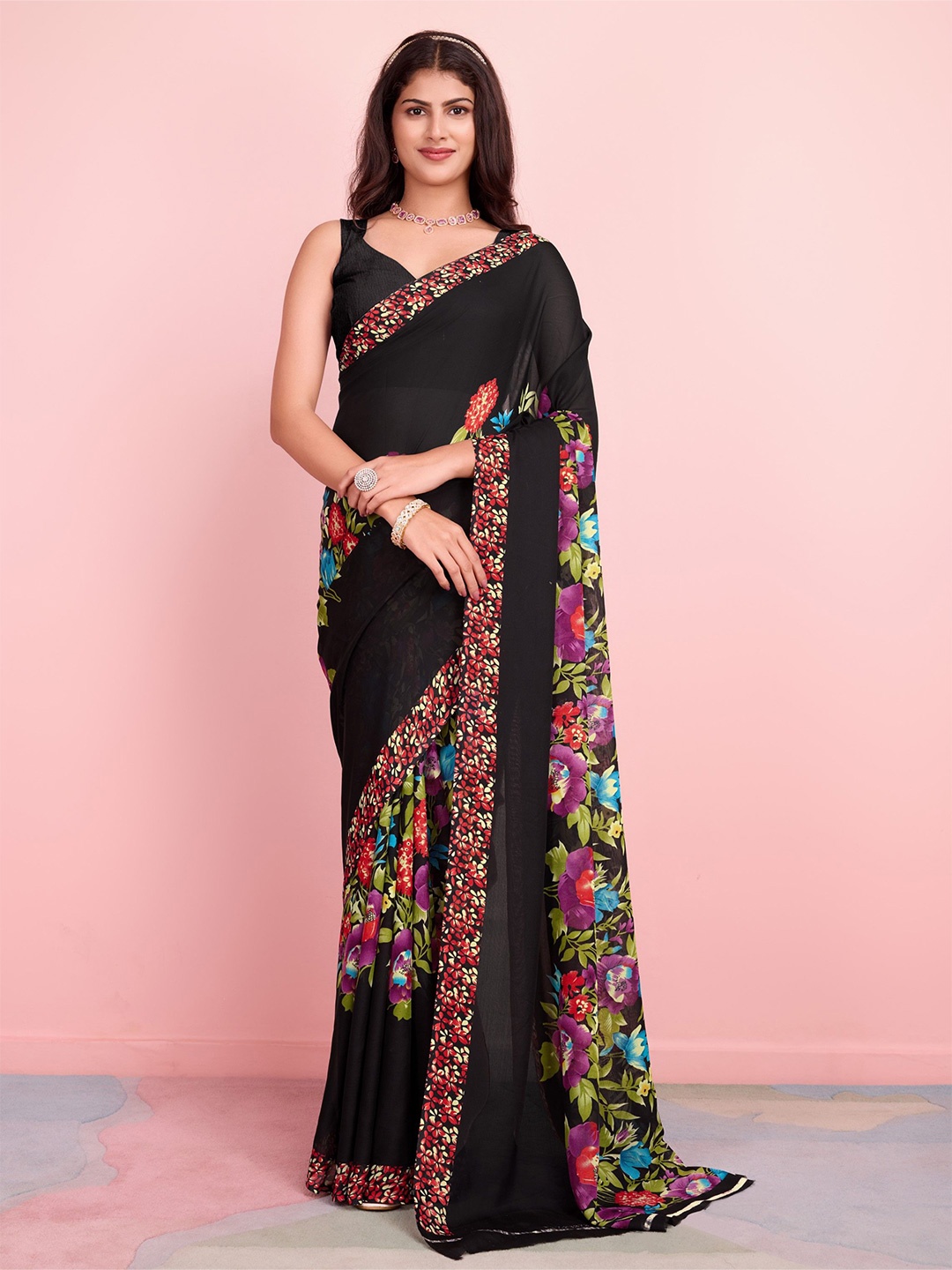 

Nirmohi Fashion Floral Poly Georgette Saree, Black