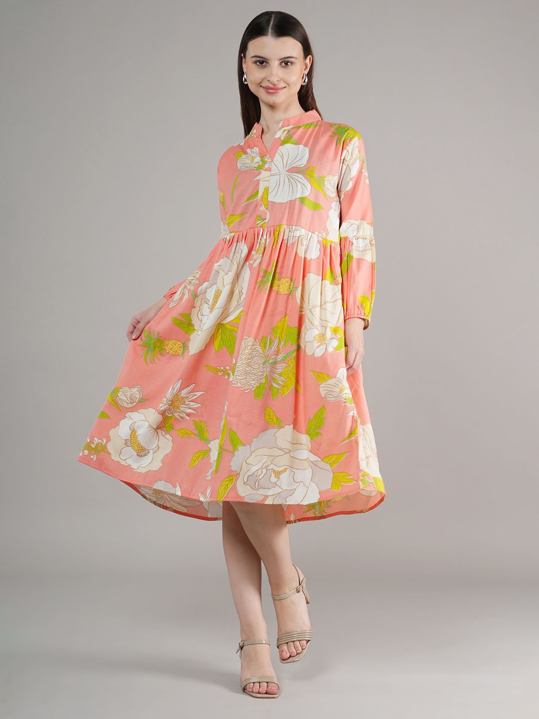 

Belfry Women Floral Printed Mandarin Collar Midi A-Line Dress, Peach