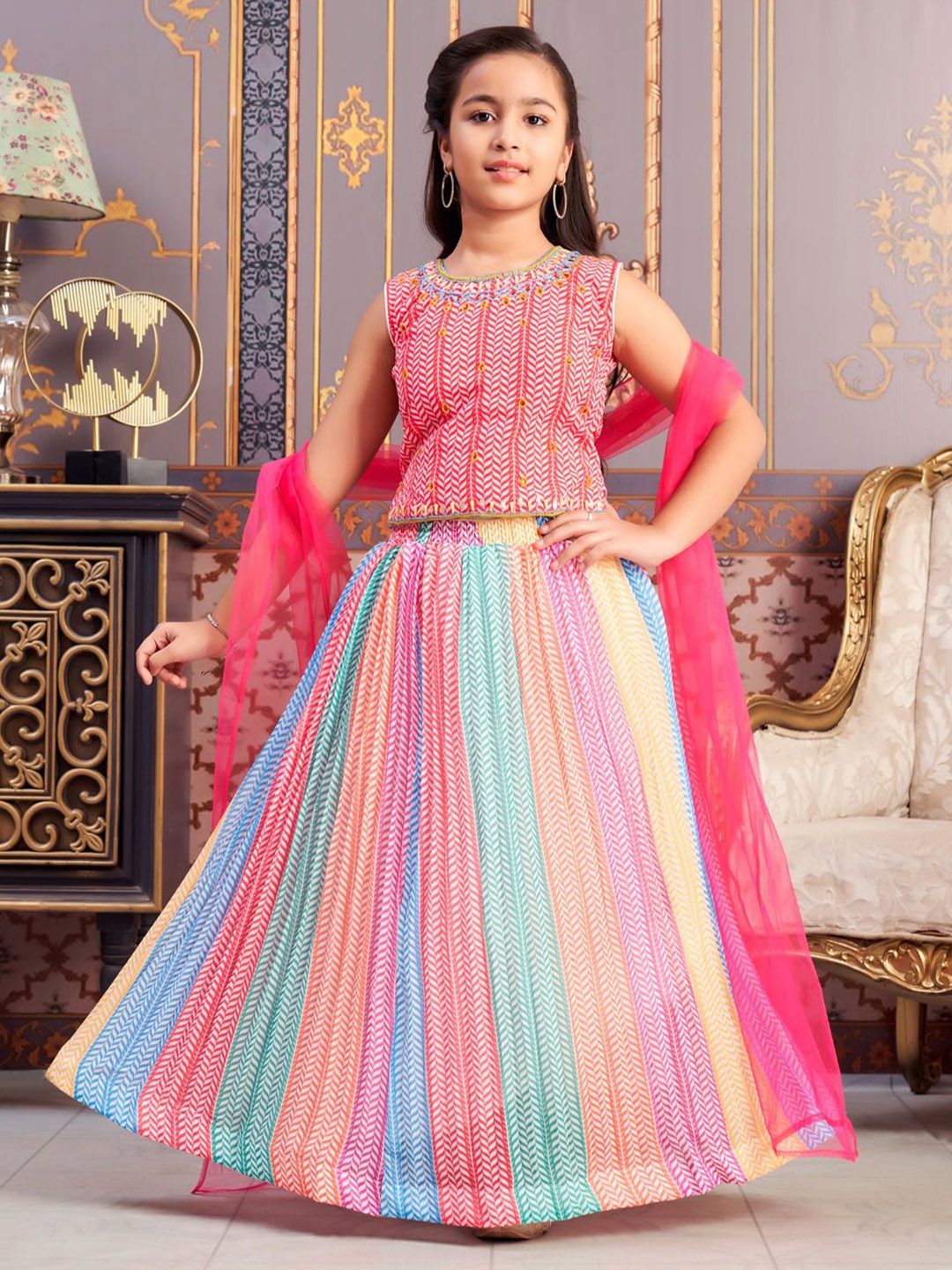 

Sangria Girls Beads Embroidered Lehenga Choli With Dupatta, Pink