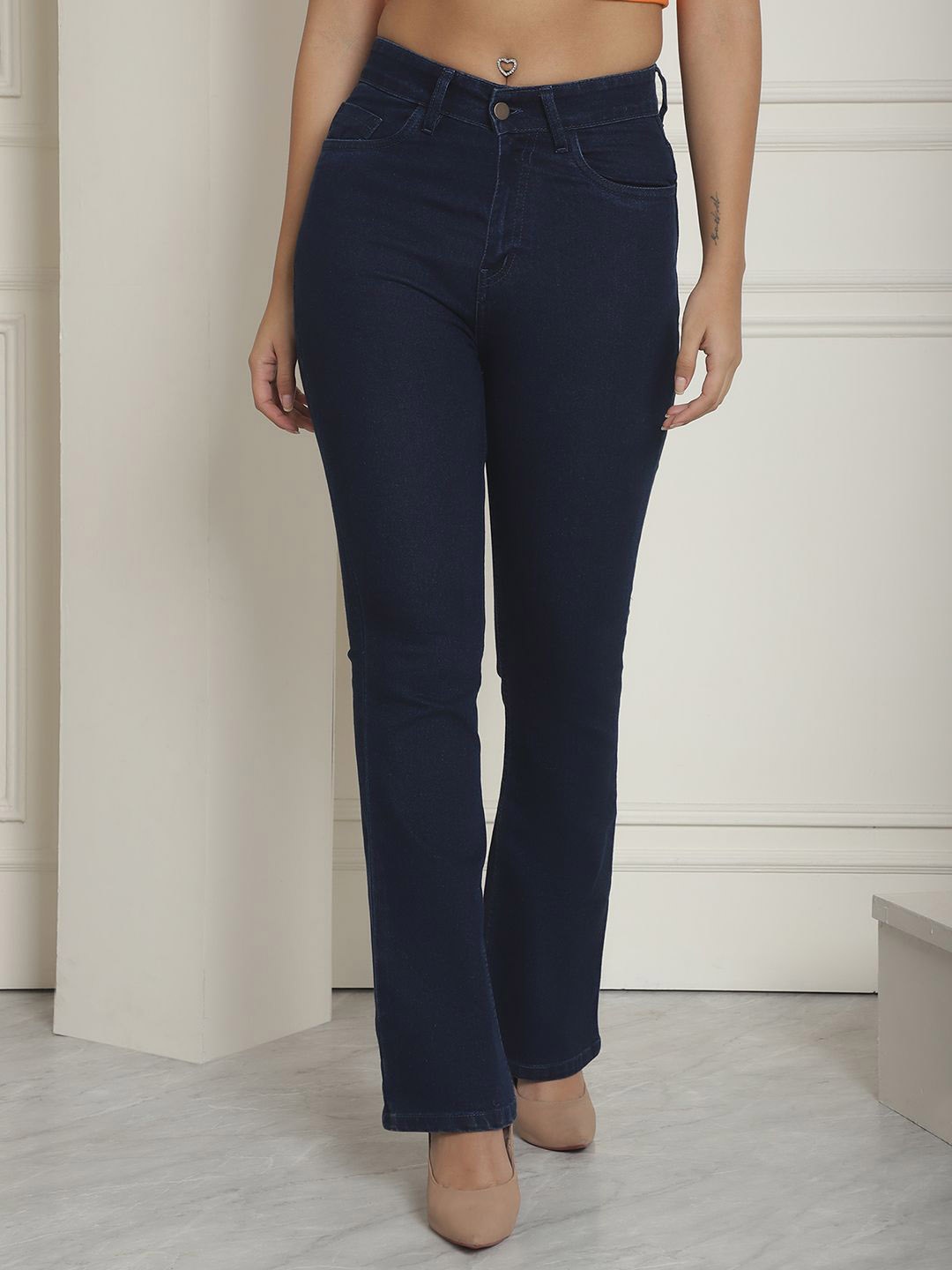 

JAKANARY Women Faded Relaxed High-Rise Easy Wash Trousers, Blue