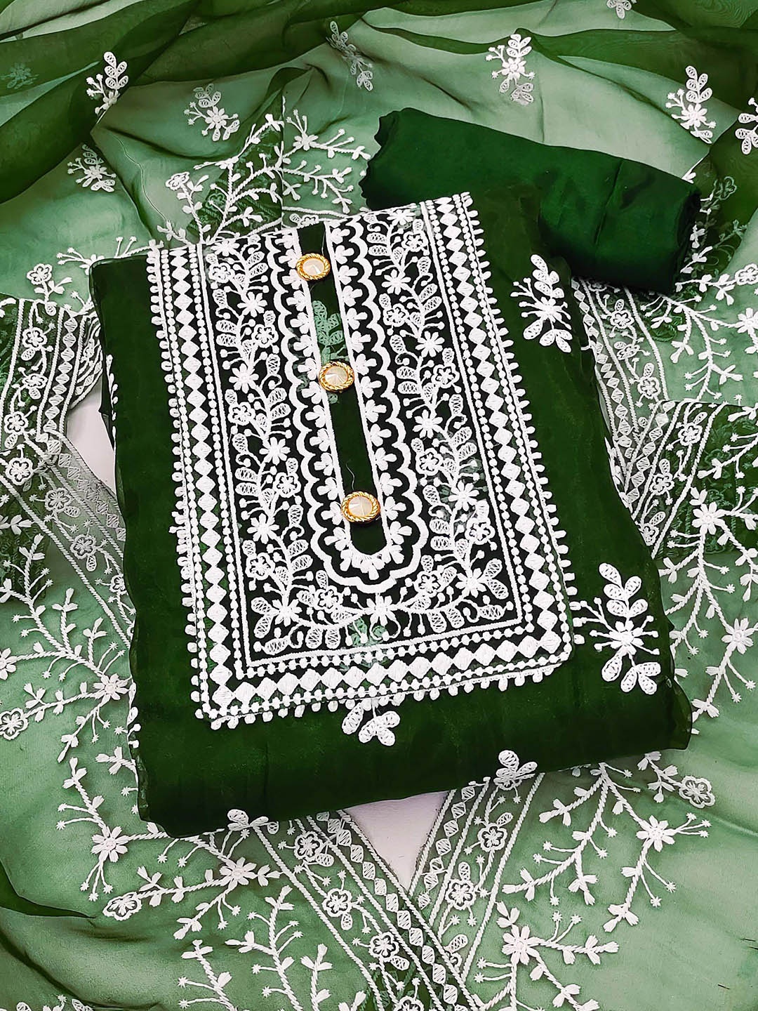 

HERE&NOW Embroidered Organza Unstitched Dress Material, Green