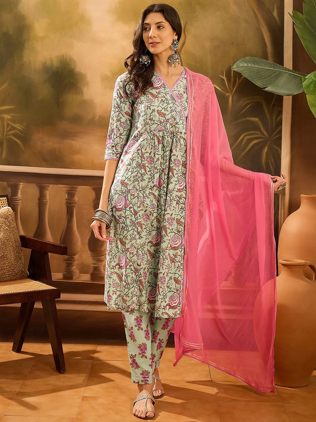 

Sangria Printed Pure Cotton Kurta Trouser With Dupatta, Green