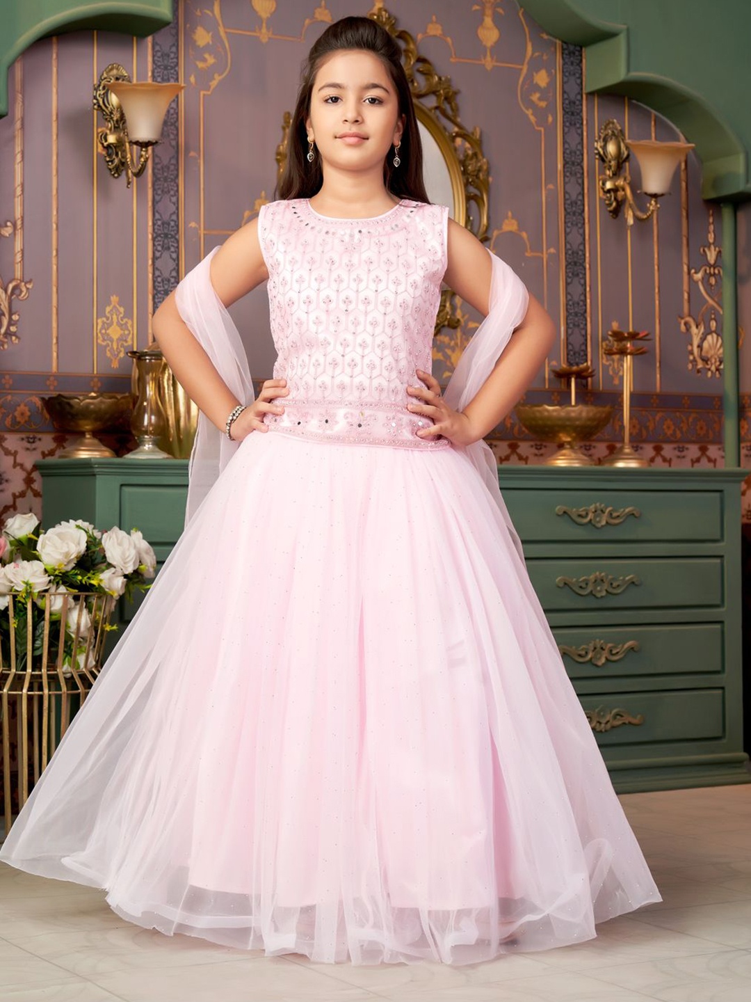 

BAESD Girls Embroidered Thread Work Lehenga & Blouse With Dupatta, Pink