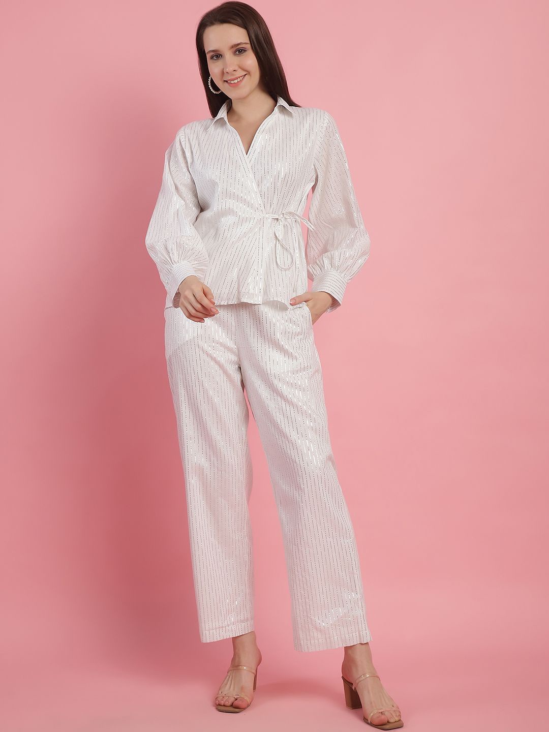 

JAKANARY Striped Wrap Top & Wide Leg Trousers Co-Ord Set, Off white