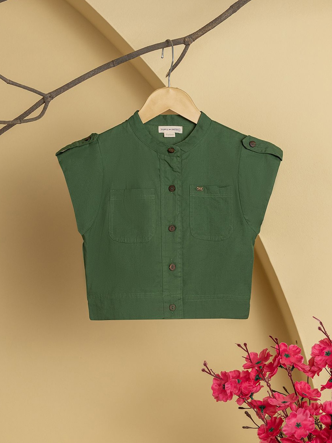 

Purple United Kids Girl Mandarin Collar Cotton Shirt Style Top, Olive