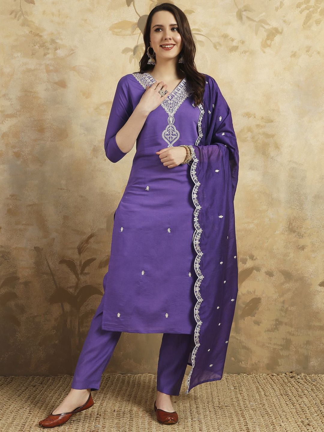 

TOOCHKI Women Embroidered Regular Sequinned Chanderi Silk Kurta with Trousers & With Dupatta, Purple