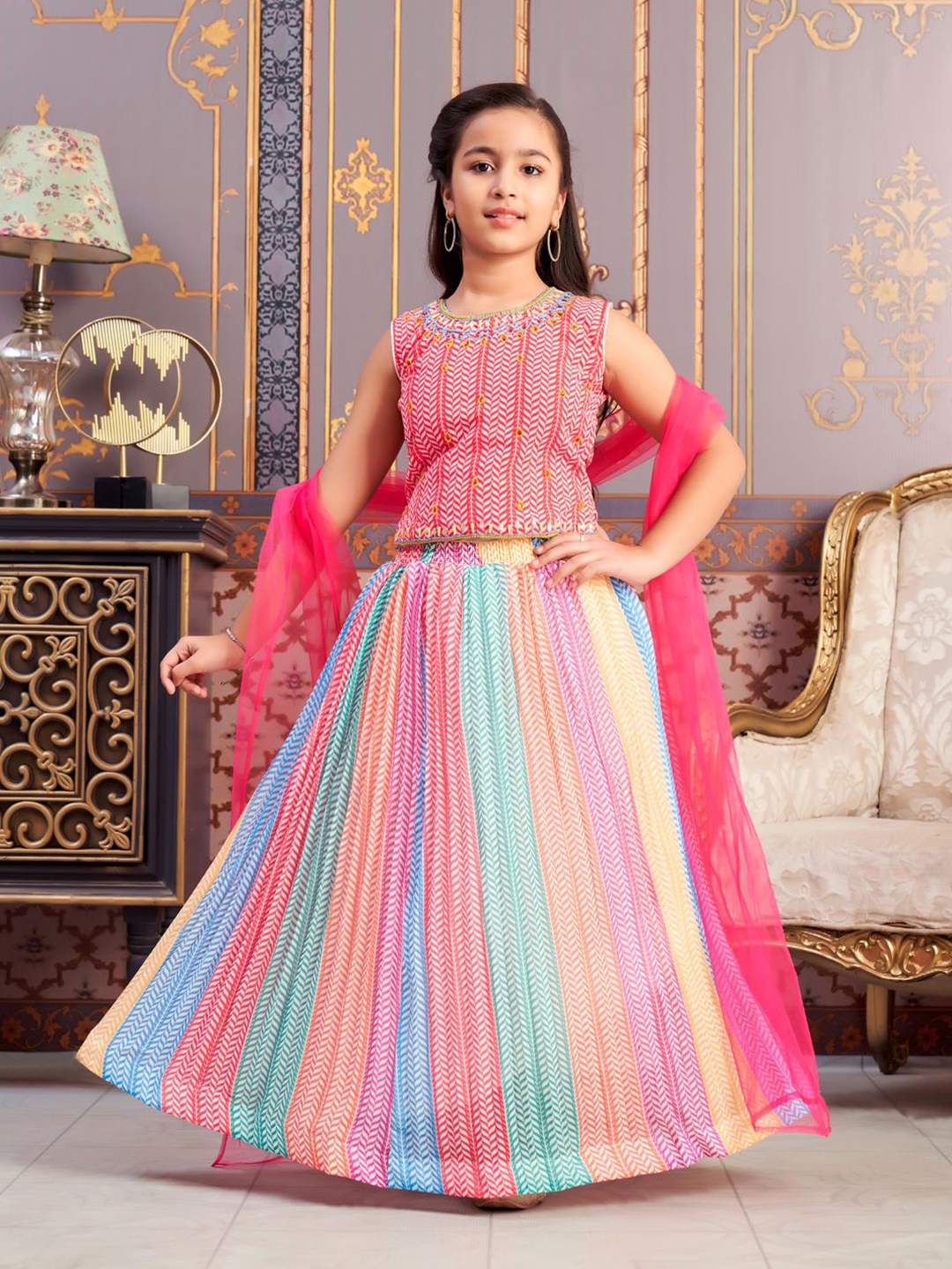 

BAESD Girls Printed Thread Work Lehenga & Blouse With Dupatta, Pink