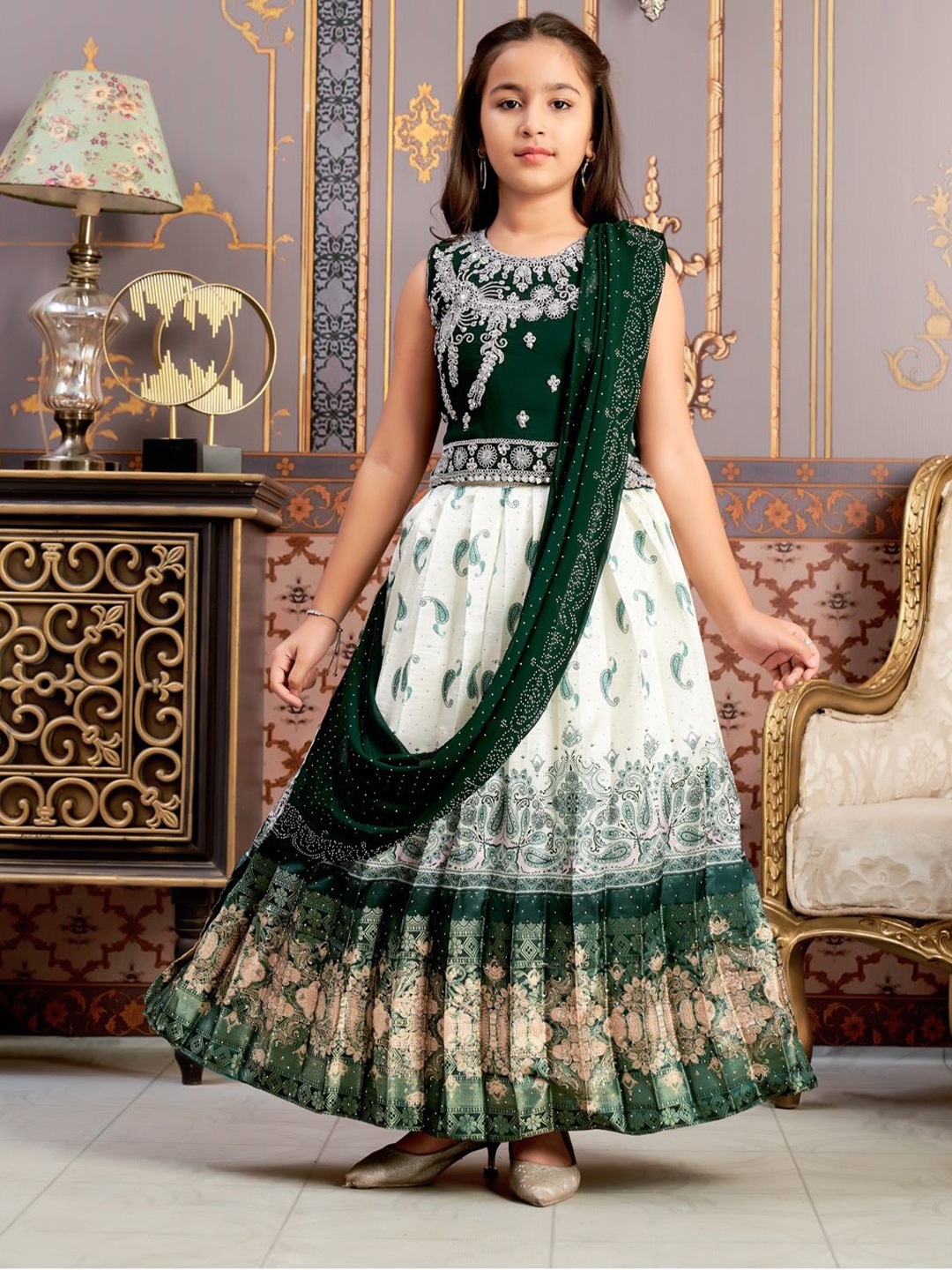 

Sangria Girls Mirror Embroidered Lehenga Choli With Attached Dupatta, Green