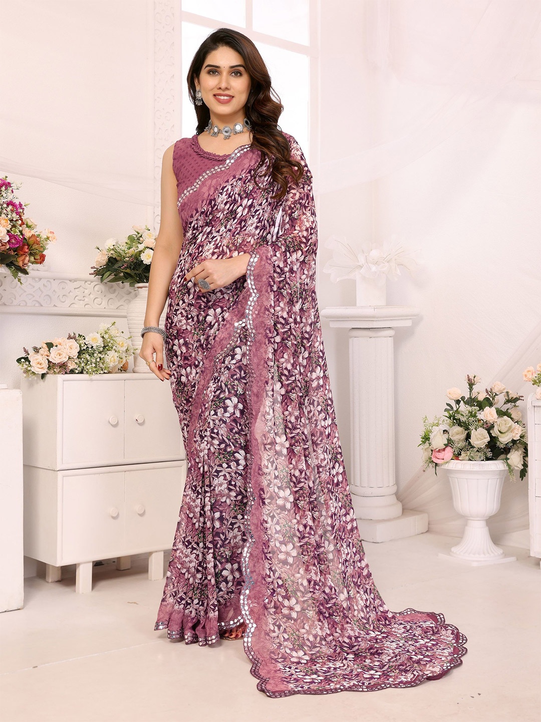 

Nirmohi Fashion Floral Mirror Work Pure Georgette Saree, Pink