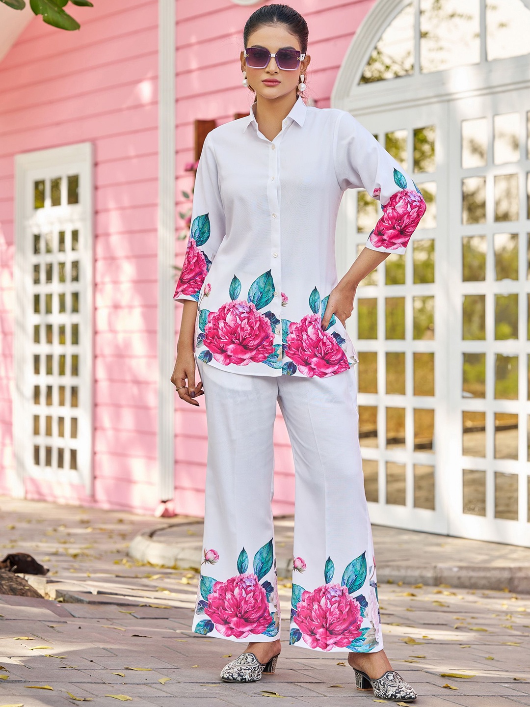 

Moda Rapido Printed Shirt Collar Neck Shirt With Palazzos Co-Ords, White